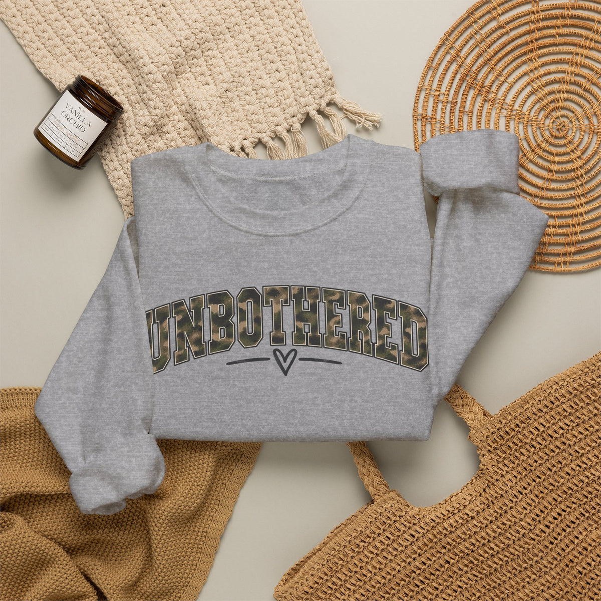 Unbothered Camo Graphic Sweatshirt — Relaxed Crewneck Pullover