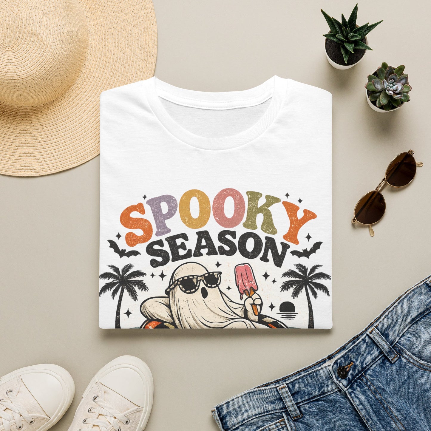 Spooky Season ghost holding popsicle T-Shirt | Halloween retro palm trees