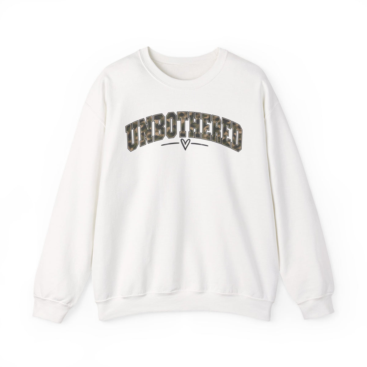 Unbothered Camo Graphic Sweatshirt — Relaxed Crewneck Pullover