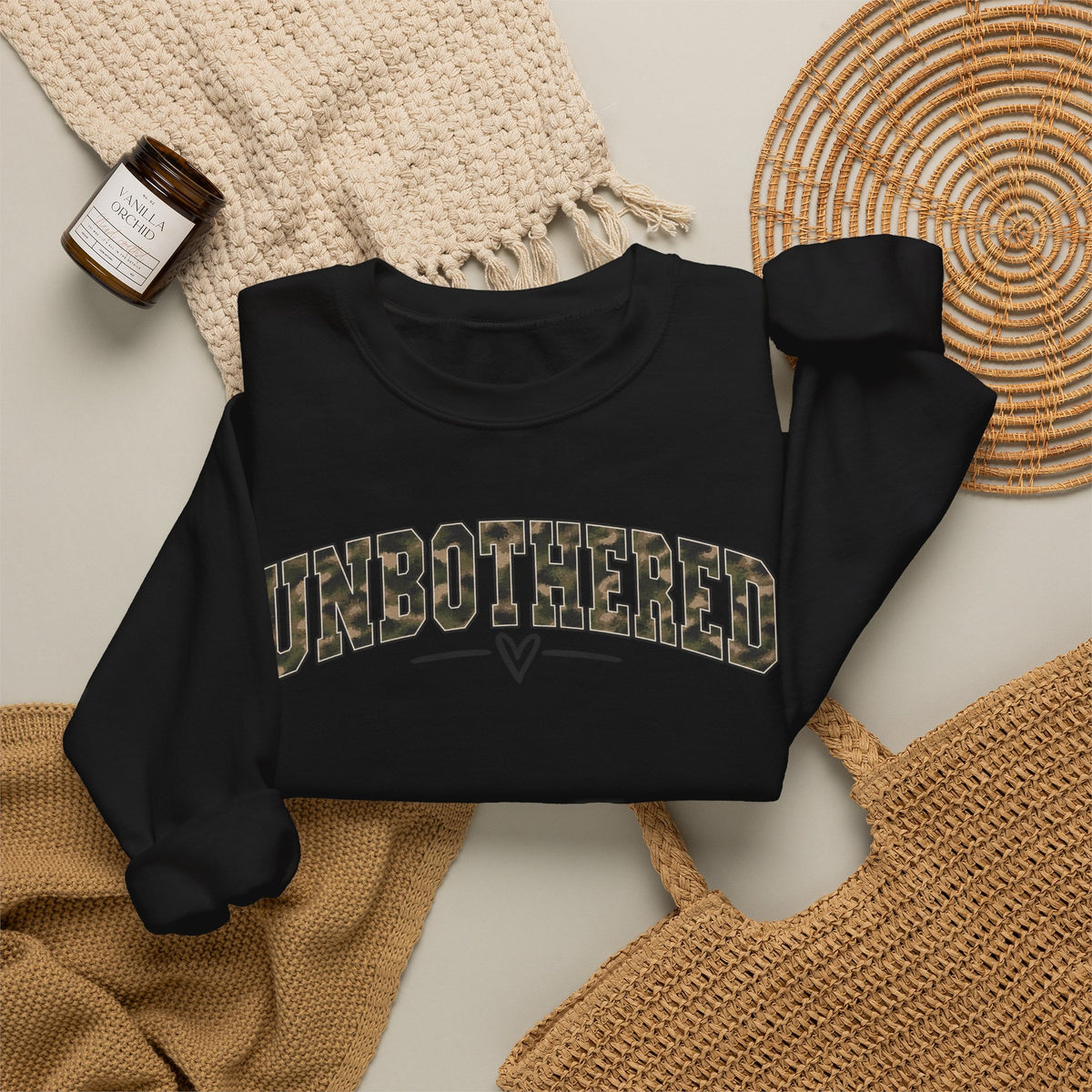 Unbothered Camo Graphic Sweatshirt — Relaxed Crewneck Pullover