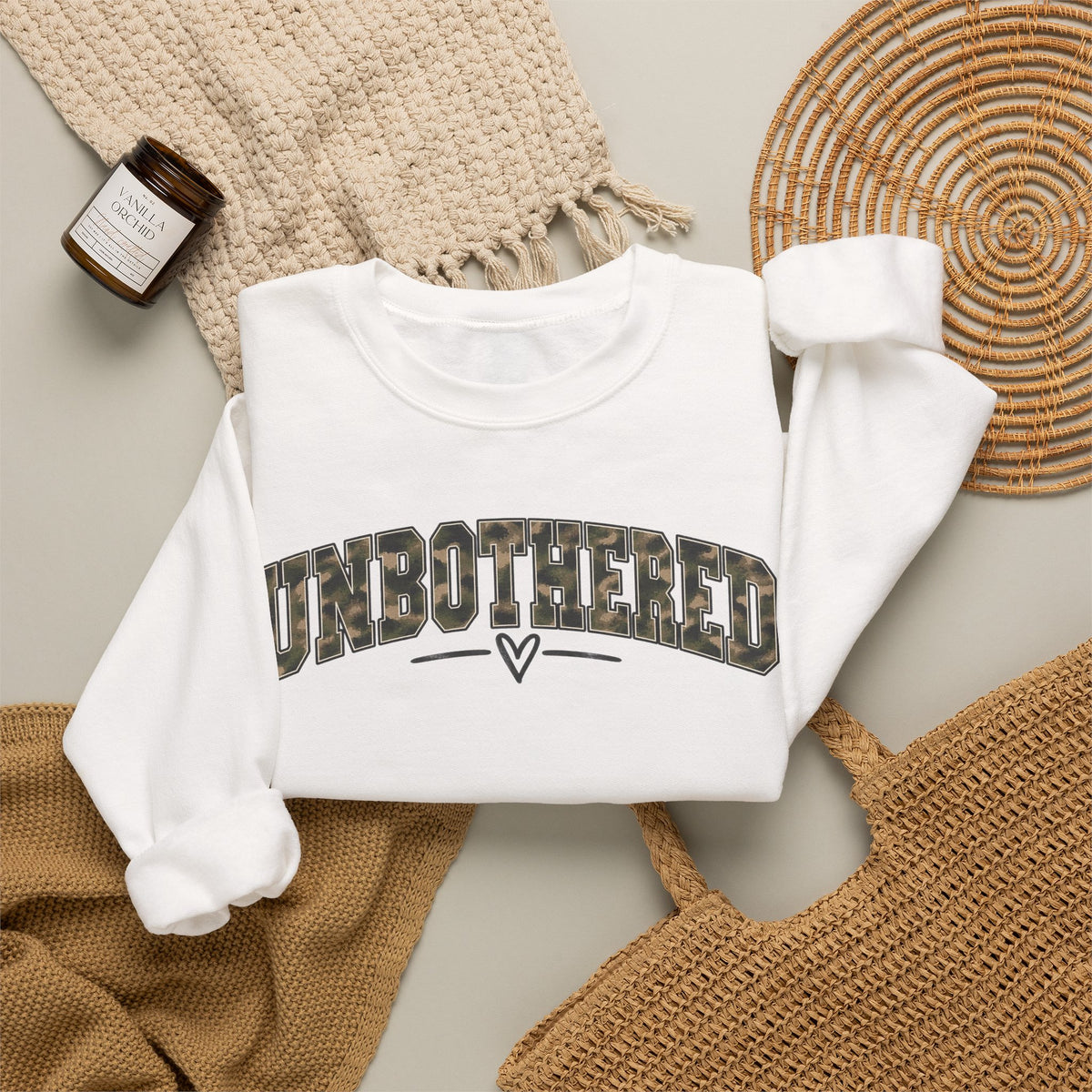 Unbothered Camo Graphic Sweatshirt — Relaxed Crewneck Pullover