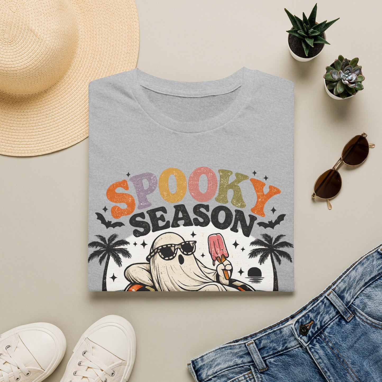 Spooky Season ghost holding popsicle T-Shirt | Halloween retro palm trees