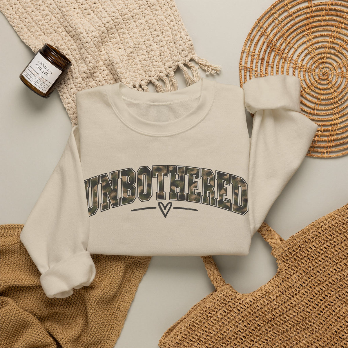 Unbothered Camo Graphic Sweatshirt — Relaxed Crewneck Pullover