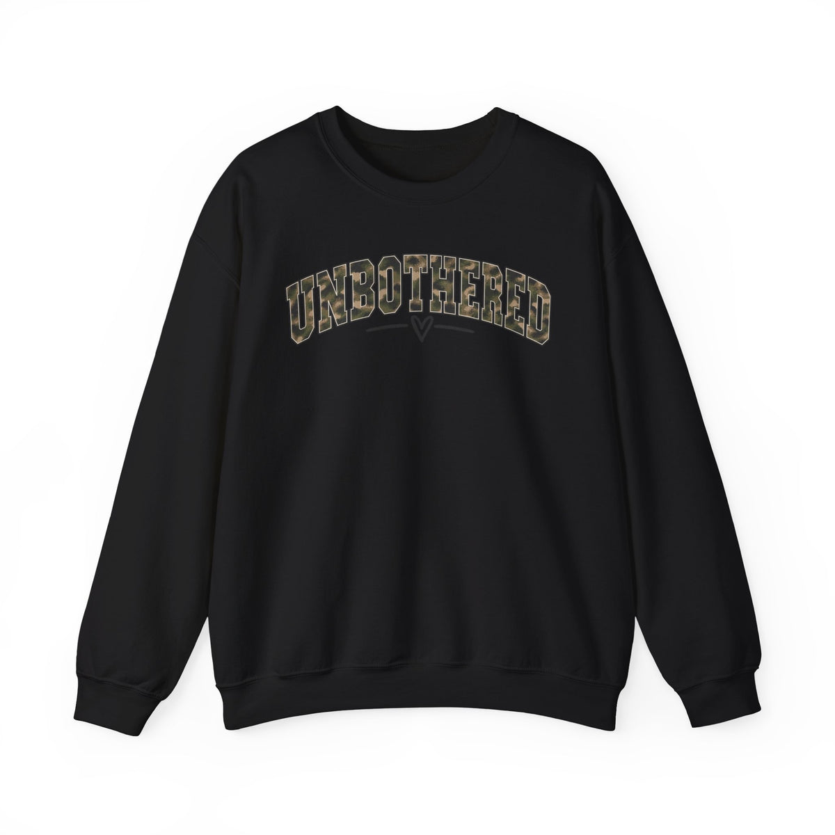 Unbothered Camo Graphic Sweatshirt — Relaxed Crewneck Pullover