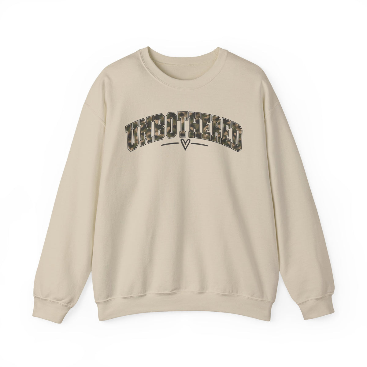 Unbothered Camo Graphic Sweatshirt — Relaxed Crewneck Pullover