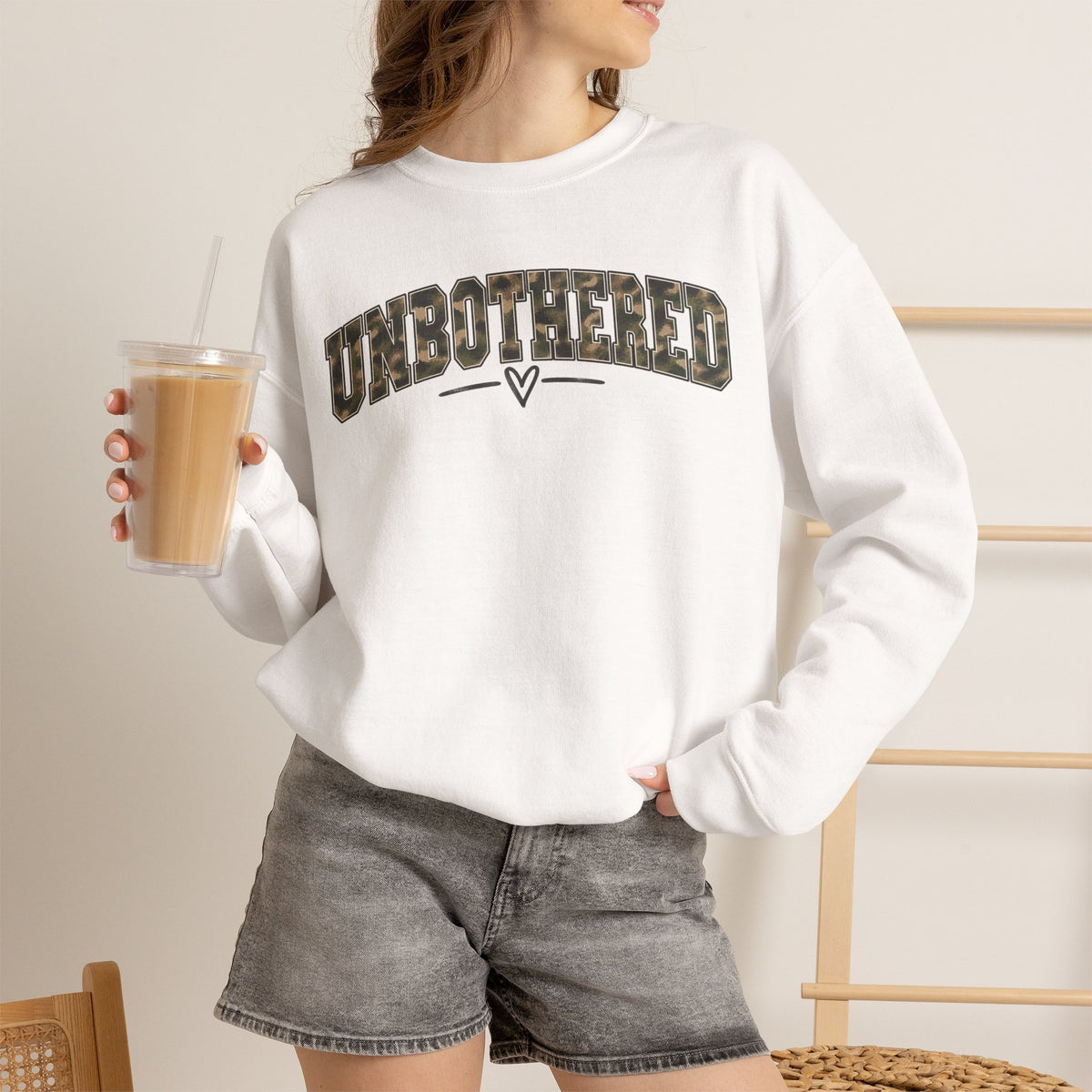 Unbothered Camo Graphic Sweatshirt — Relaxed Crewneck Pullover
