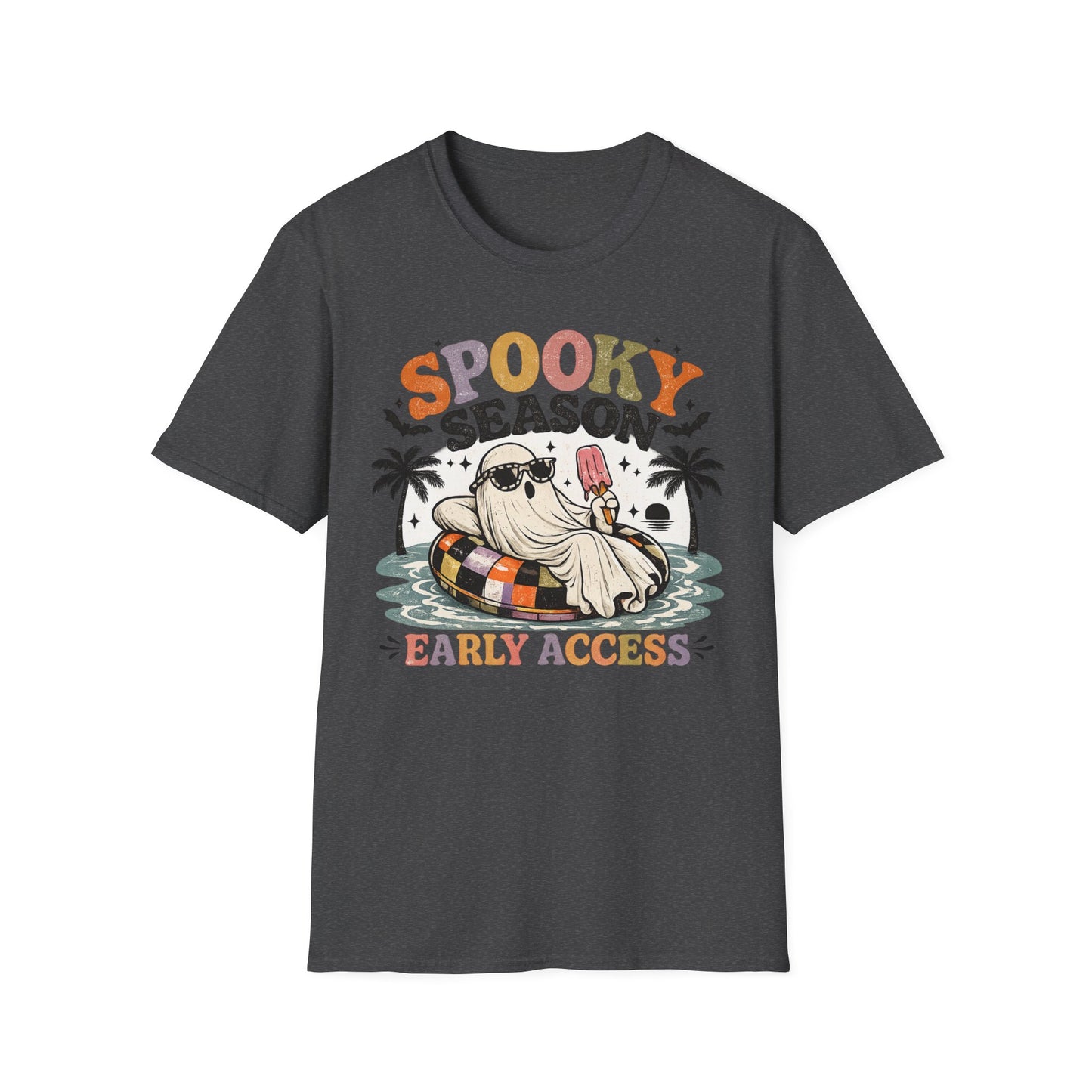 Spooky Season ghost holding popsicle T-Shirt | Halloween retro palm trees