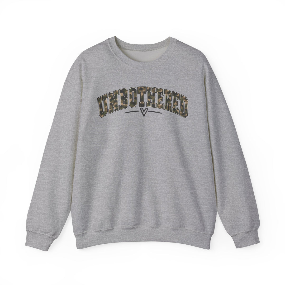 Unbothered Camo Graphic Sweatshirt — Relaxed Crewneck Pullover