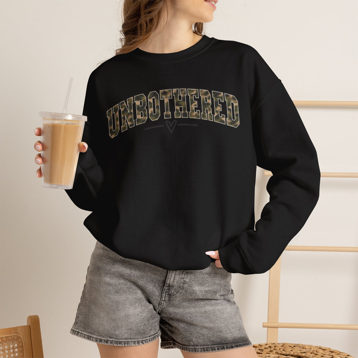 Unbothered Camo Graphic Sweatshirt — Relaxed Crewneck Pullover