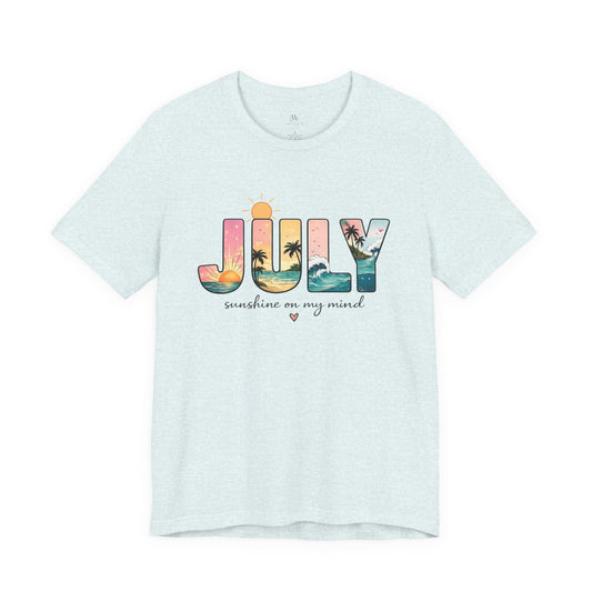 July Sunshine tee | Beach palm sunset typography