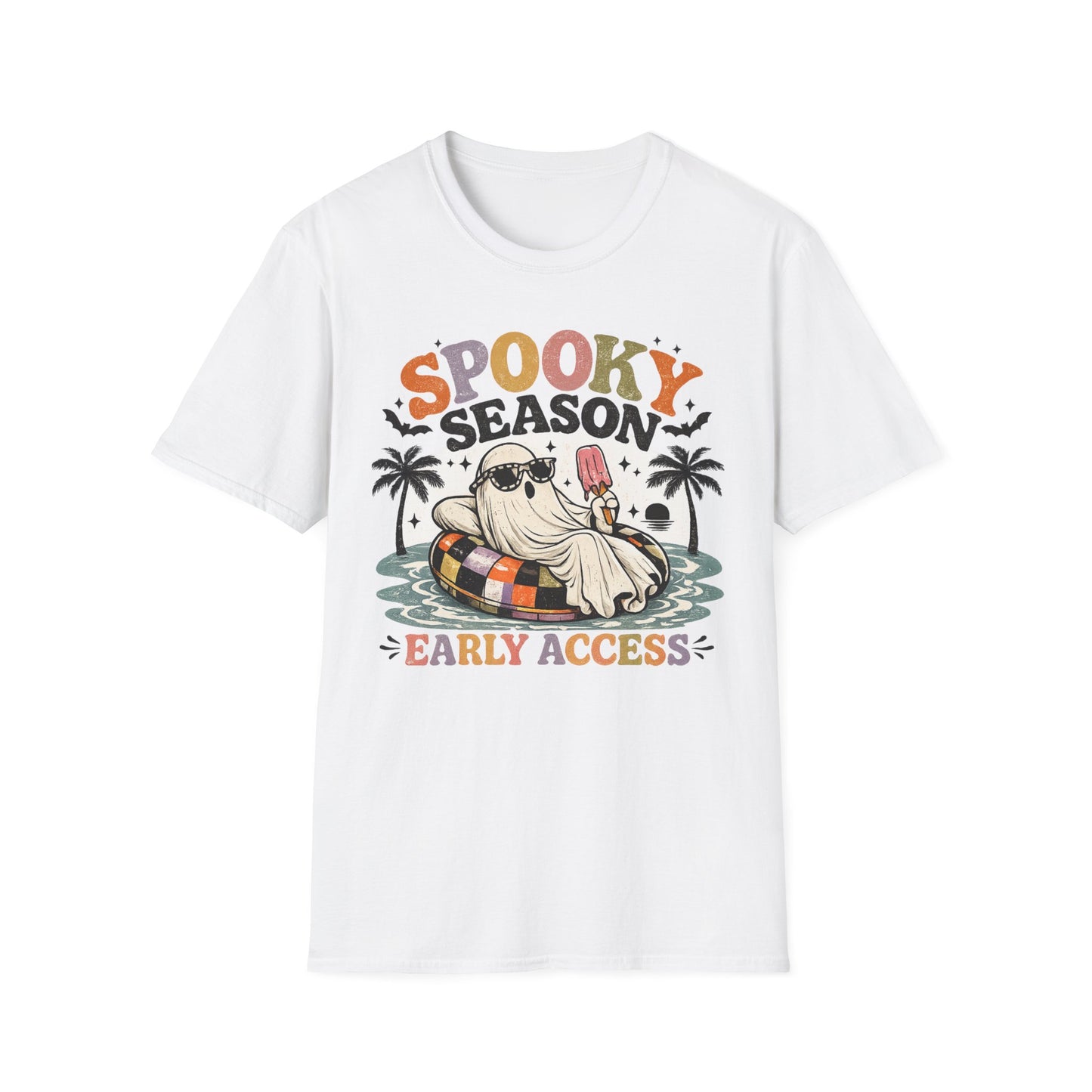 Spooky Season ghost holding popsicle T-Shirt | Halloween retro palm trees