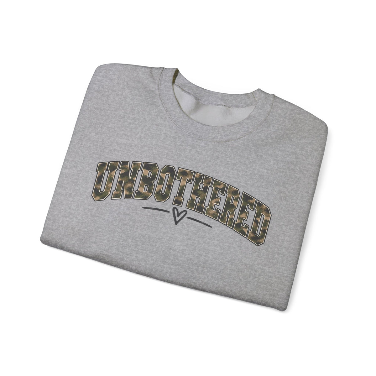 Unbothered Camo Graphic Sweatshirt — Relaxed Crewneck Pullover