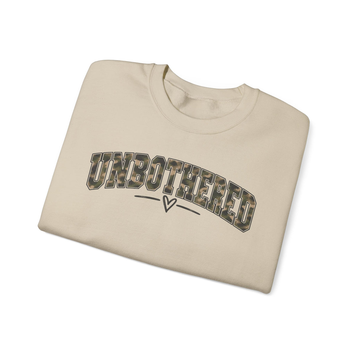 Unbothered Camo Graphic Sweatshirt — Relaxed Crewneck Pullover