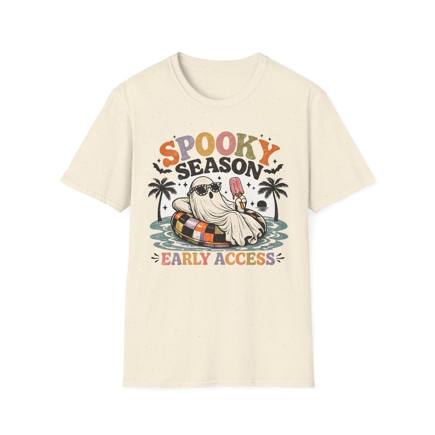 Spooky Season ghost holding popsicle T-Shirt | Halloween retro palm trees