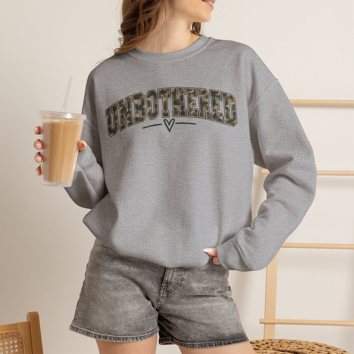 Unbothered Camo Graphic Sweatshirt — Relaxed Crewneck Pullover