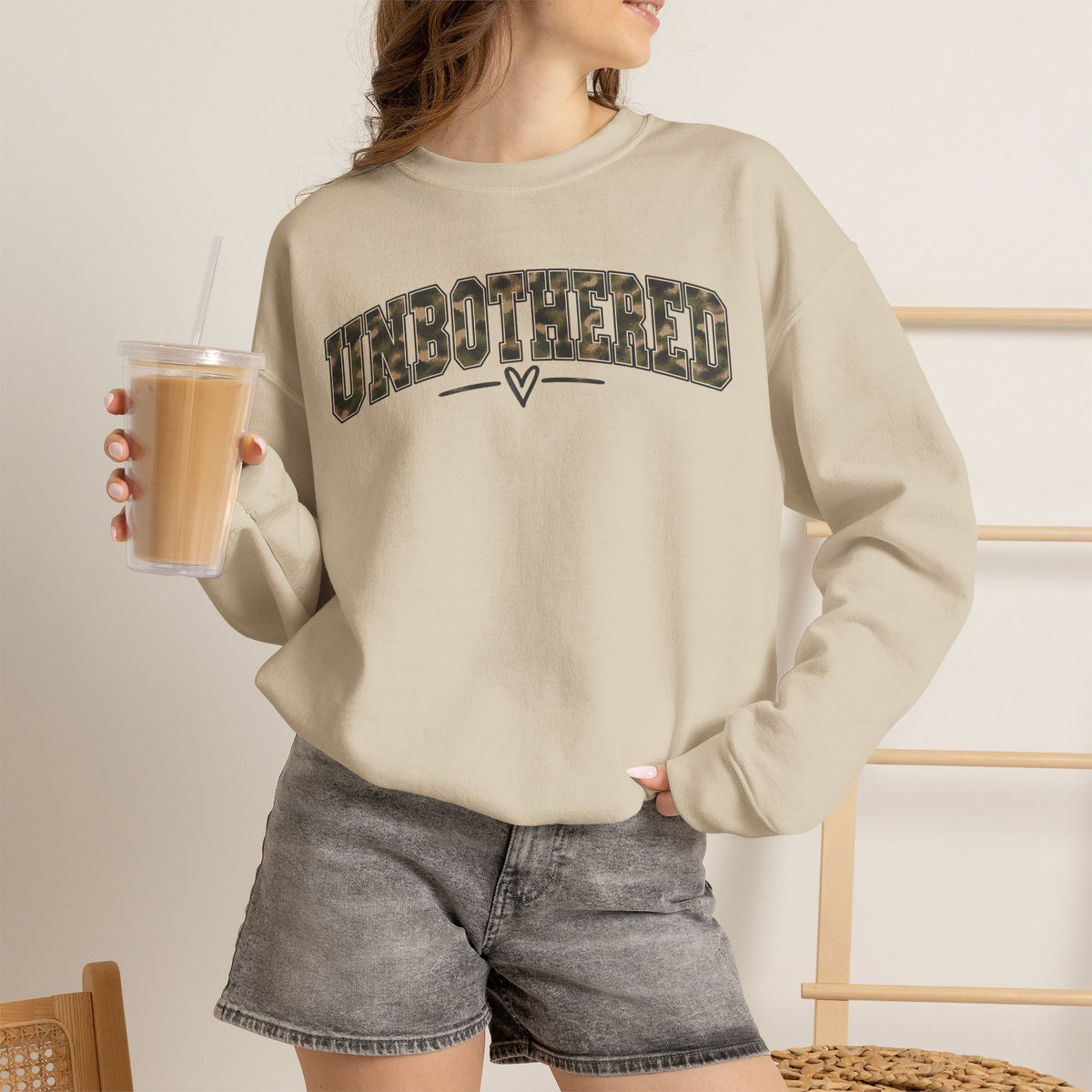 Unbothered Camo Graphic Sweatshirt — Relaxed Crewneck Pullover