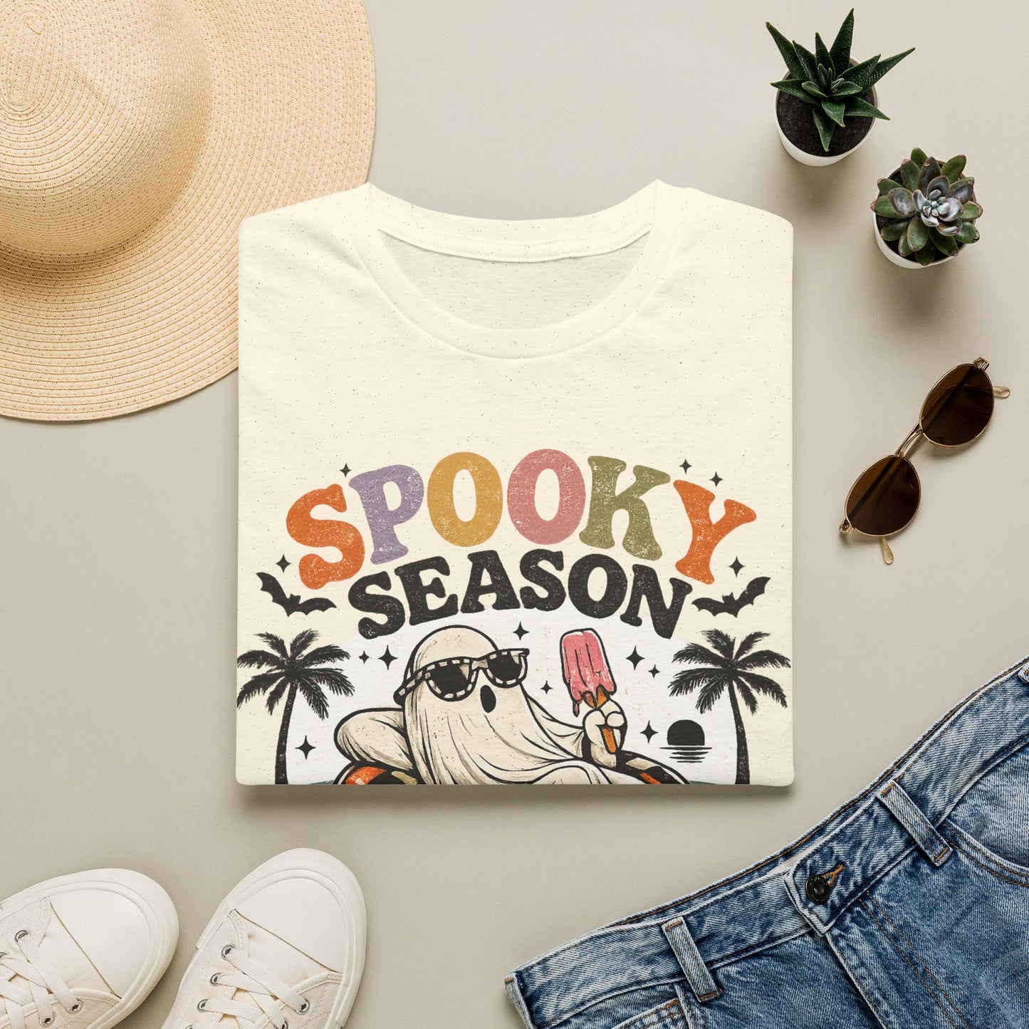Spooky Season ghost holding popsicle T-Shirt | Halloween retro palm trees
