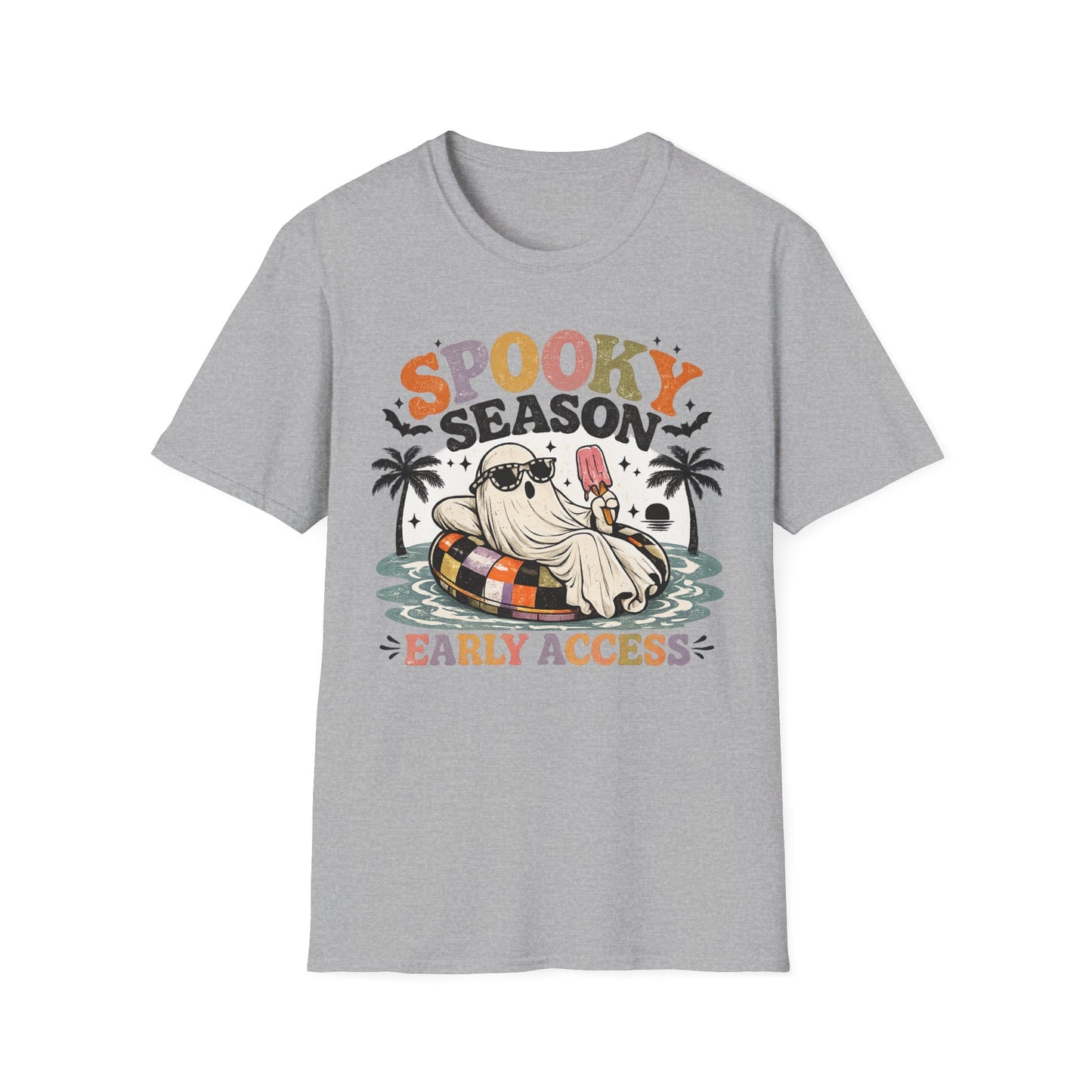 Spooky Season ghost holding popsicle T-Shirt | Halloween retro palm trees