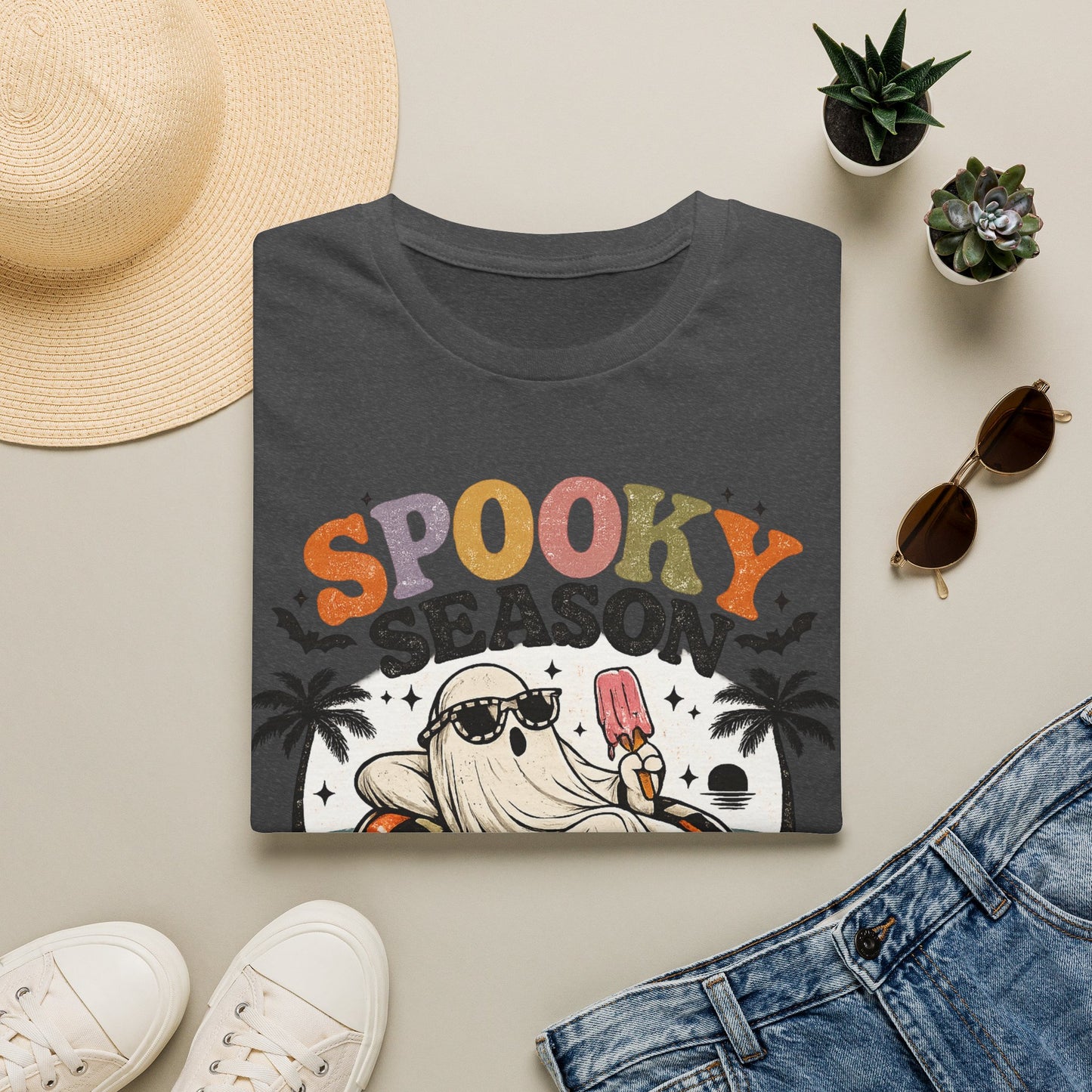 Spooky Season ghost holding popsicle T-Shirt | Halloween retro palm trees